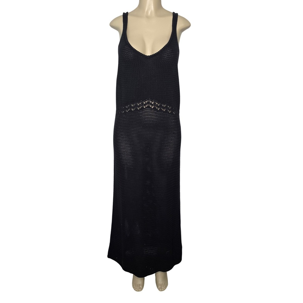 Old Navy Dress Women XL Black Crochet Knit Maxi Sleeveless Cotton Cover Up Vneck